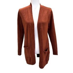Love Ellie Copper Brown Speckled Long Open Front Cardigan Patch Pockets